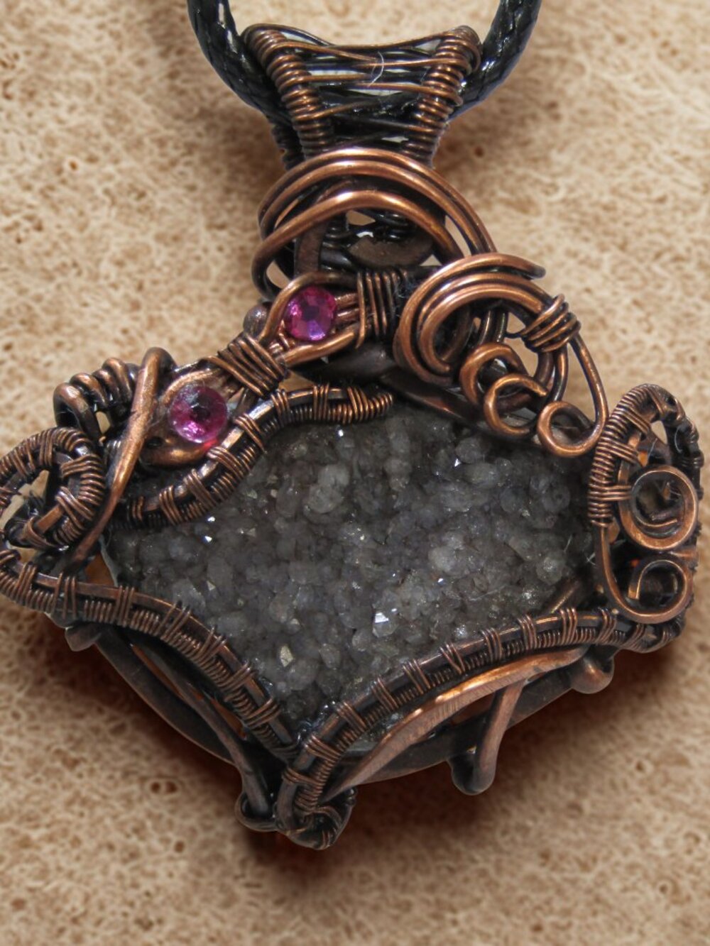 Handmade Wire Wrapped Obsidian Druzy Pendant, Raw Copper Wire, Oxidized/ waxed - Picture 2 of 6
